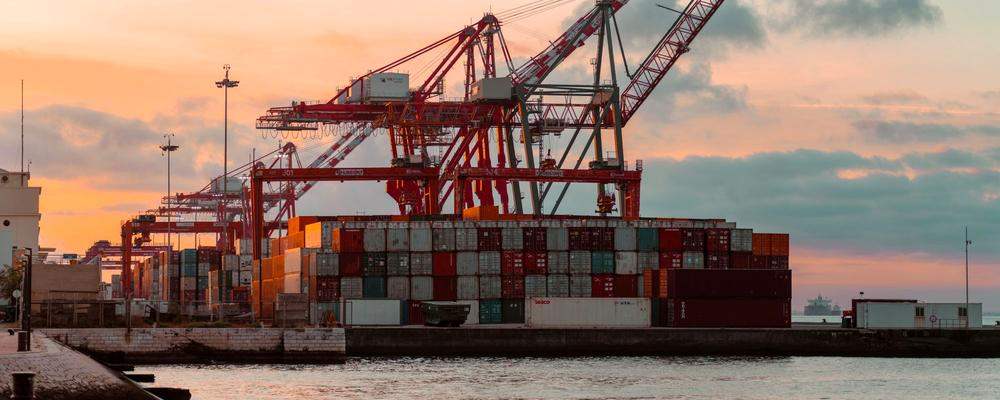 Container terminal with cranes at sunset